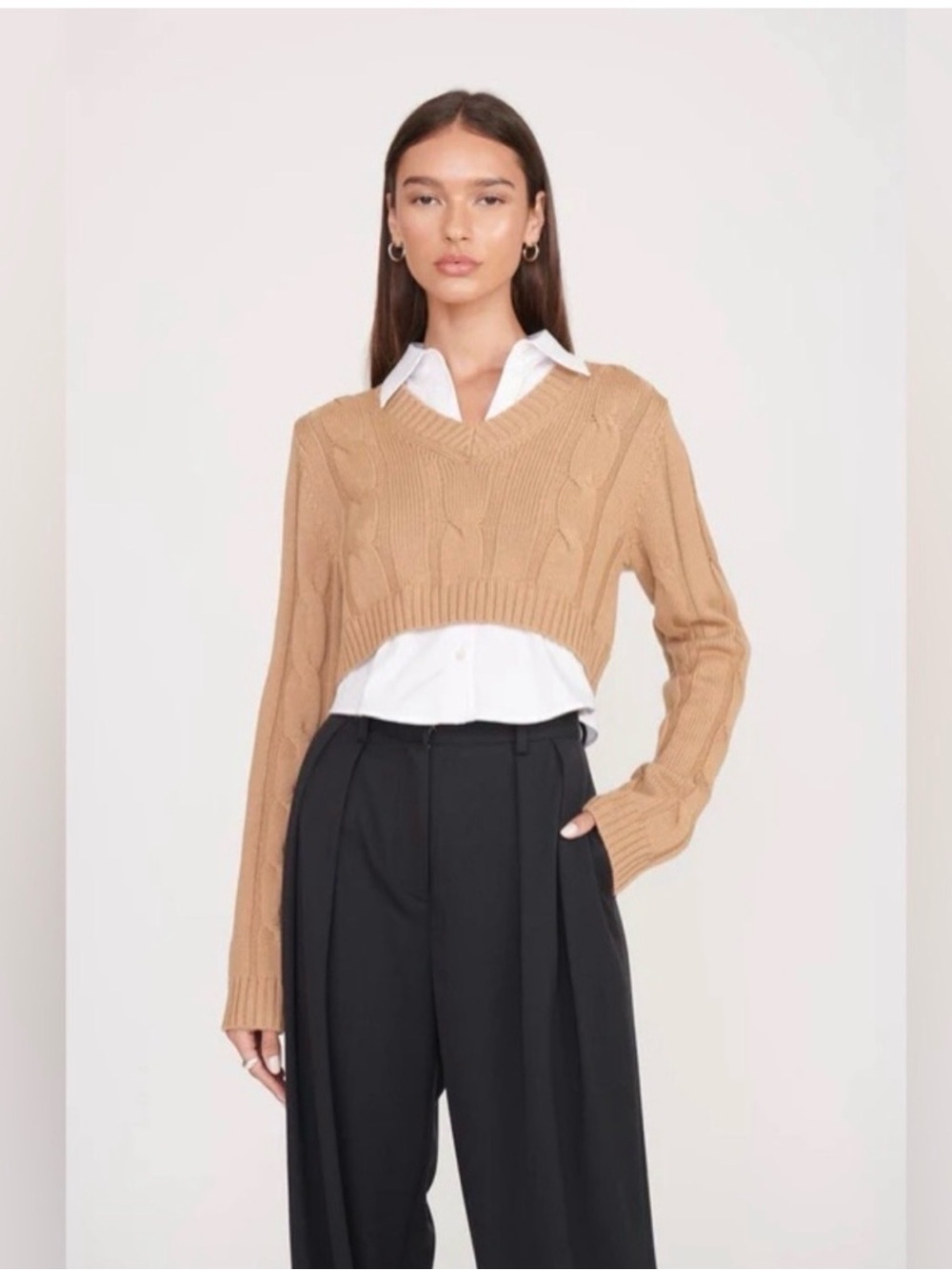 STAUD Duke Collared Cable-Knit Sweater Cropped Merino Wool Camel Color